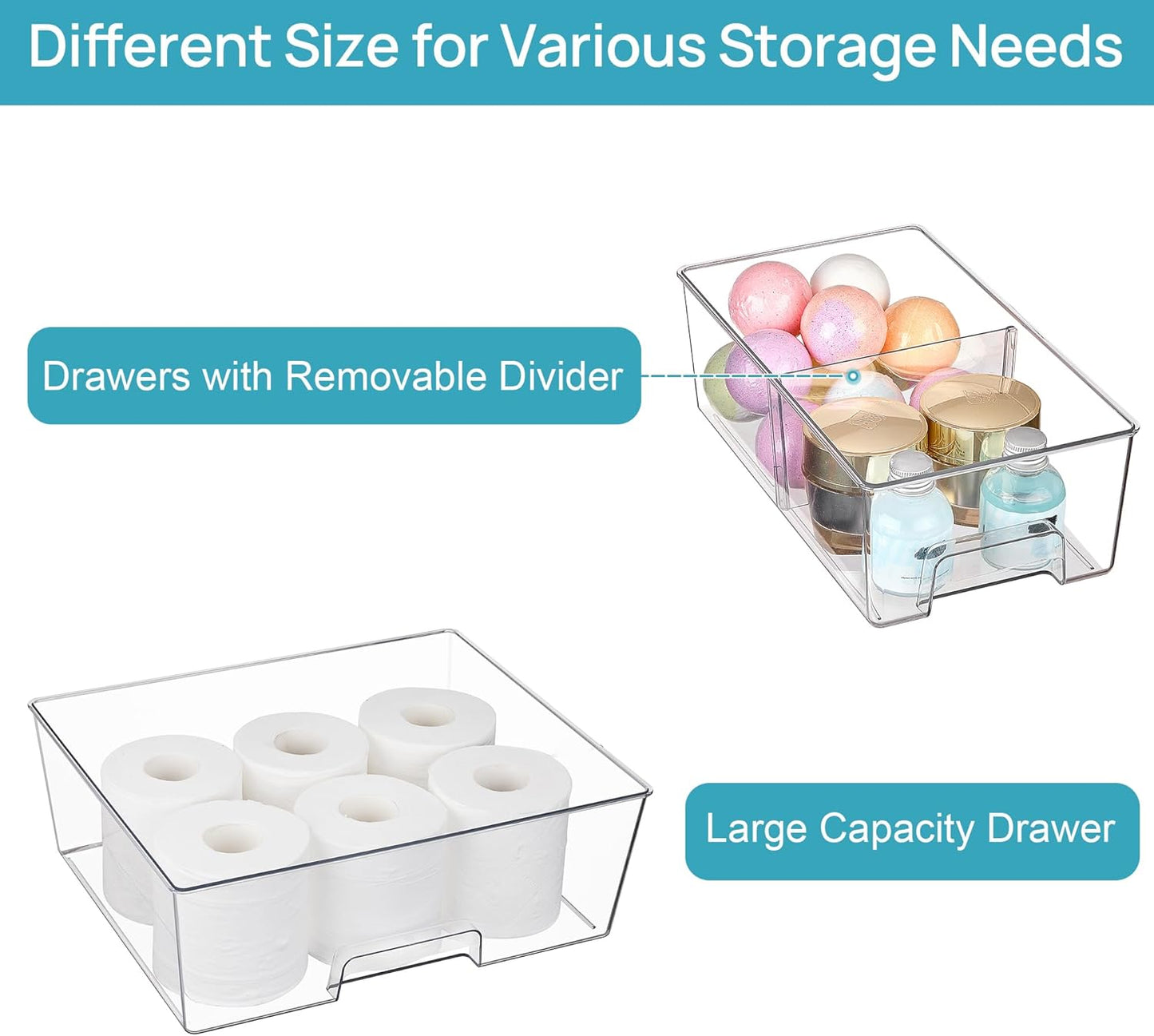 Vtopmart 3 Pack Stackable Storage Drawers, Easily Assemble Acrylic Bathroom Undersink Organizers,Clear Plastic Storage Bins for Closet,Cabinet,Pantry,Medicine Organization