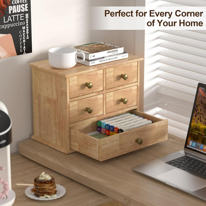 Oak Desk Organizer with Drawers, Durable Wooden Desktop Storage Box with Metal Handles & Non-Slip Silicone Pads, 4 Drawer Tabletop Organizer for Office, Bedroom, Bathroom, Vanity, and Makeup – Walnut