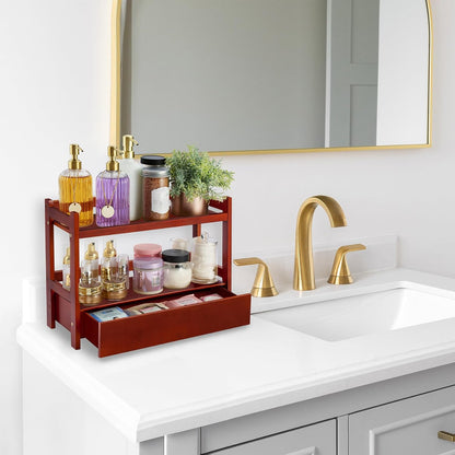 Sorbus Bamboo Bathroom Counter Organizer – 2-Tier Shelf with Hidden Drawer for Vanity, Matcha Station, Bathroom Sink Organizer Countertop, Kitchen & Office Storage (13″ L x 6.5″ W x 12.6″ H)