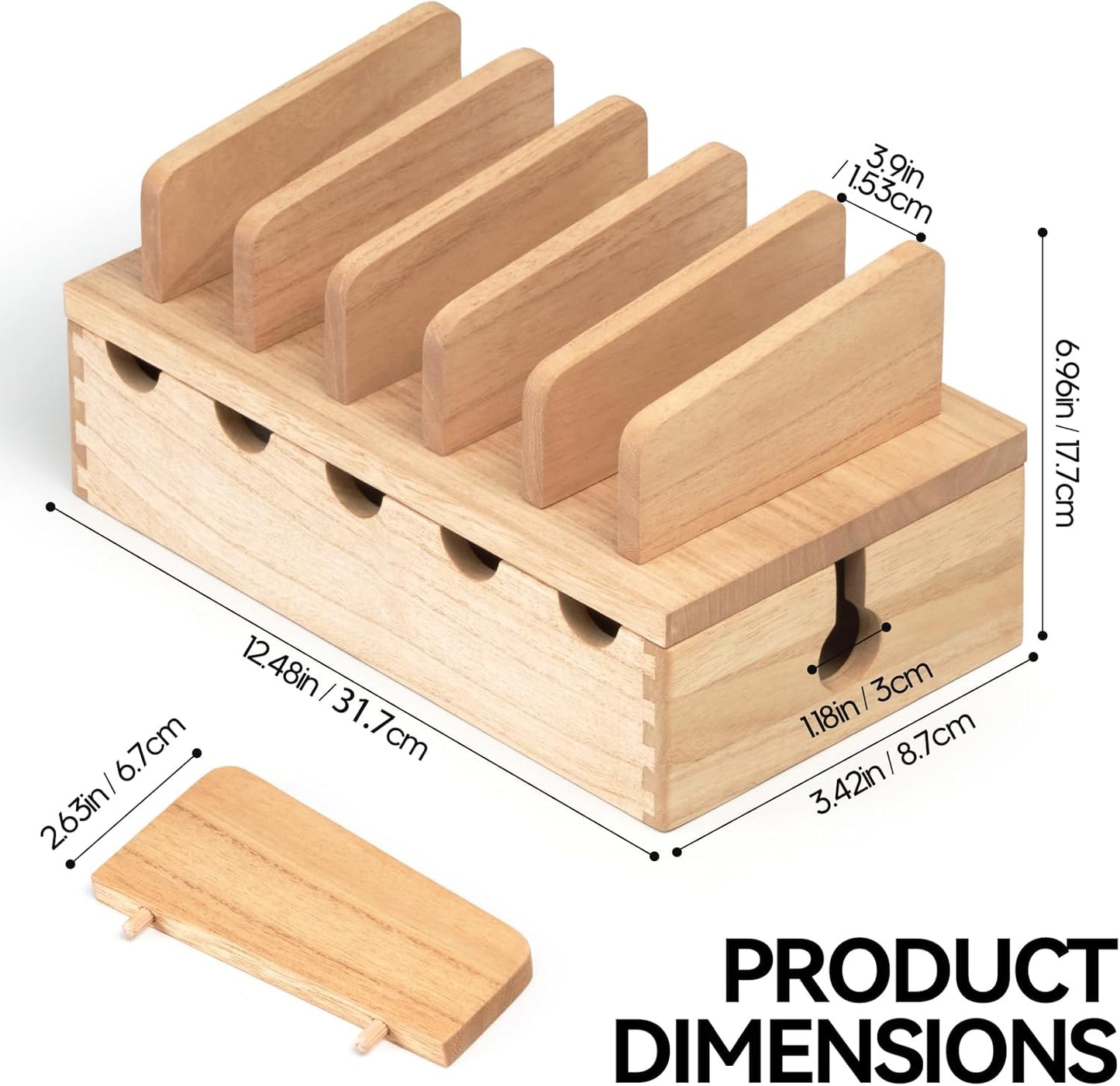 KIRIGEN Wood Charging Station Rack Organizer for Multiple Devices Desktop Organizer with 5 Ports for Cell Phones, Tablets, Earphones Wooden Cable Management DDXH-NA