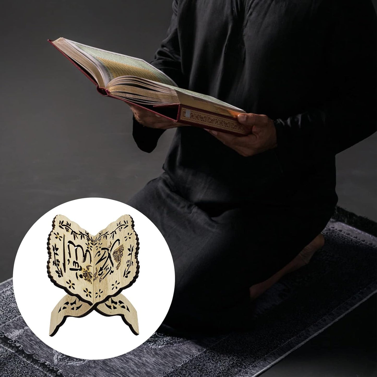 Folding Wooden Book Stand,Exquisite Engraving Muslim Book Holder,Islam Eid Quran Bible Carved Book Stand for Home Office,Religious Gift(1#)