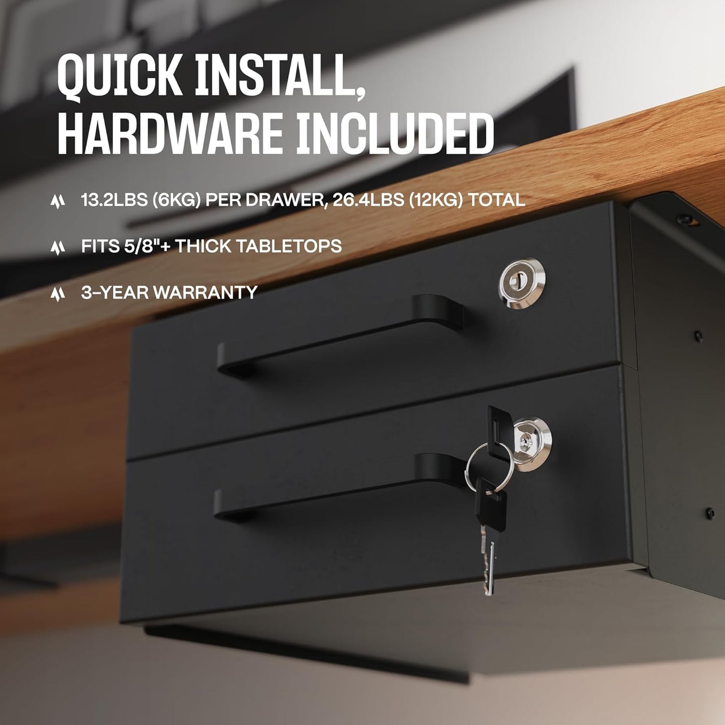 Under Desk Drawer Slide-Out – Lockable Metal Storage Drawers with Cable Management for Office & Home (Double, Bracketed)