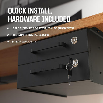 Under Desk Drawer Slide-Out – Lockable Metal Storage Drawers with Cable Management for Office & Home (Double, Bracketed)