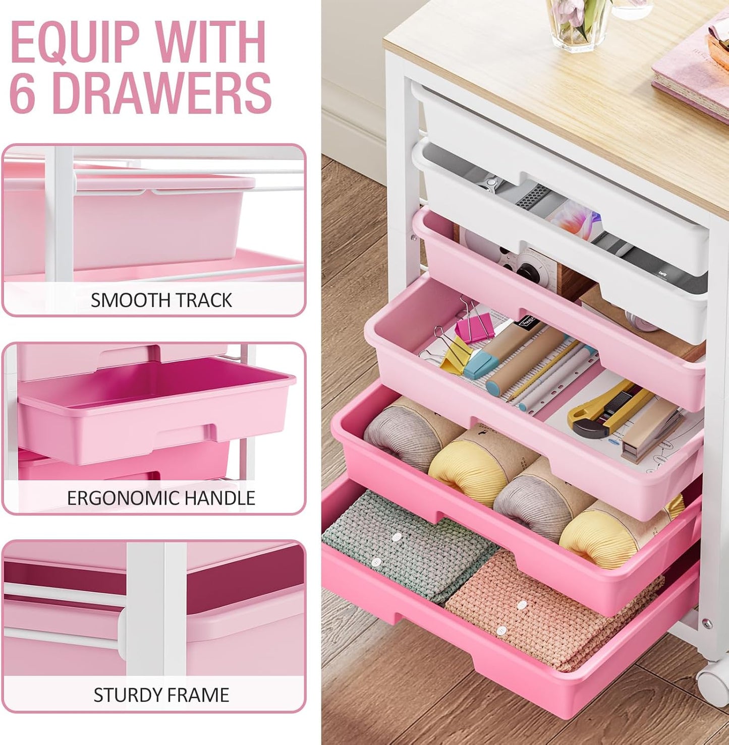 SYKIARIOL Rolling Storage Utility Cart with 6 Drawers and Wooden Tabletop for Under Desk Storage,White