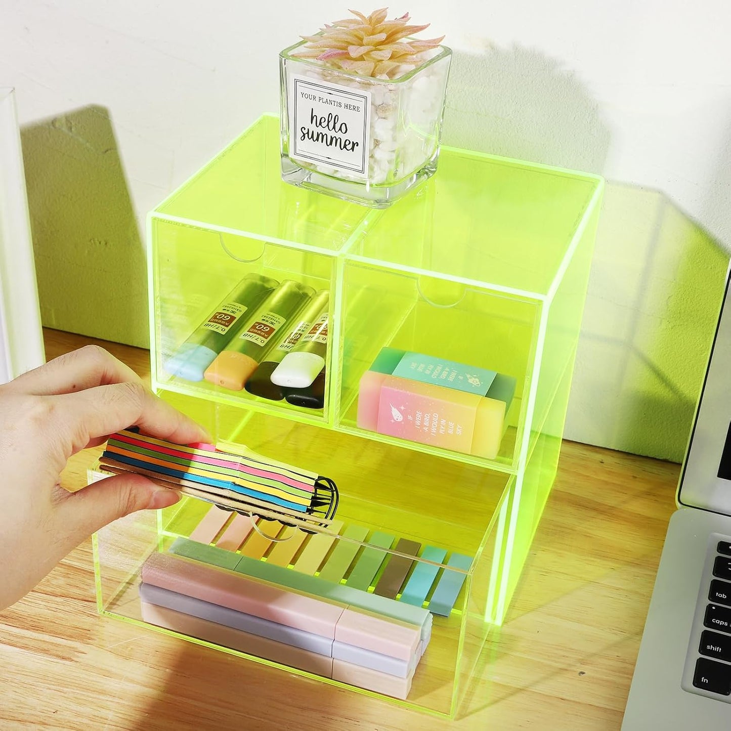 Gelite Desk Organizer with 3 Storage Drawers for Makeup Office Acrylic Desktop Drawer Organizer for Vanity Office Organization and Storage Box, Neon Pink