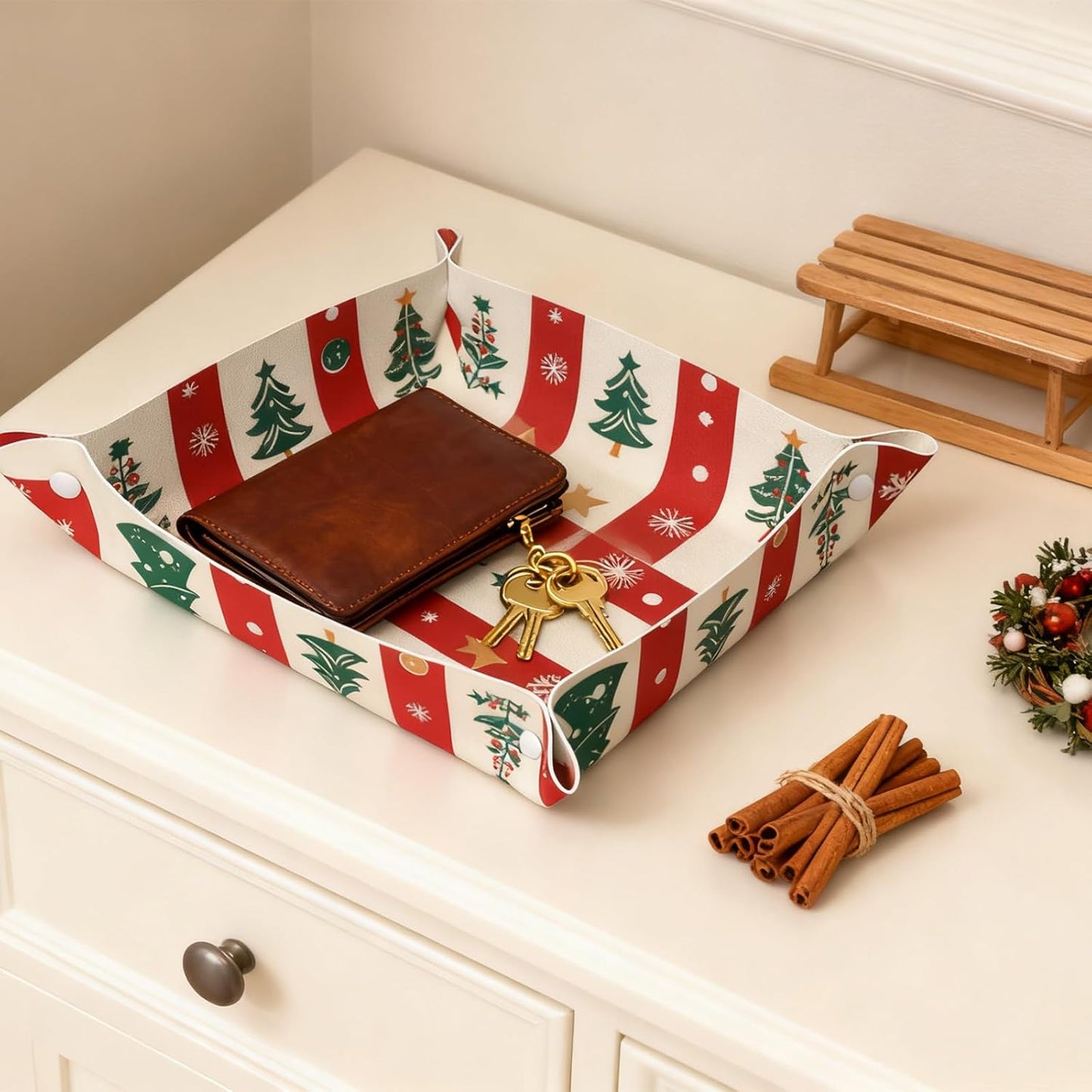 Tray Leather Valet Tray Forest Tree Reindeer Catchall Trays Key Organizer Night Stand Organizer Bedside Vanity Trays Decor for Entryway Table