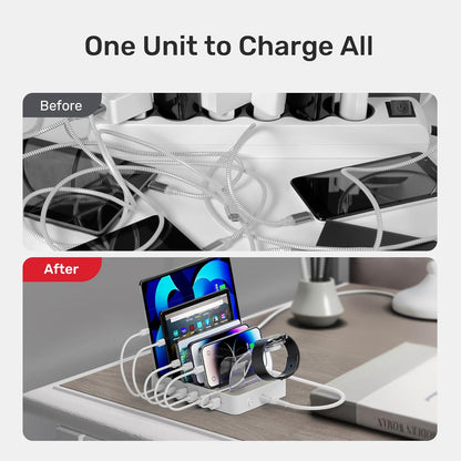 Unitek Fast Charging Station for Multiple Devices, 60W 6 Ports Charging Dock with QC 3.0, USB Charging Station Organizer with 7 Short Charging Cables for Phones, Tablets, and Other Electronics