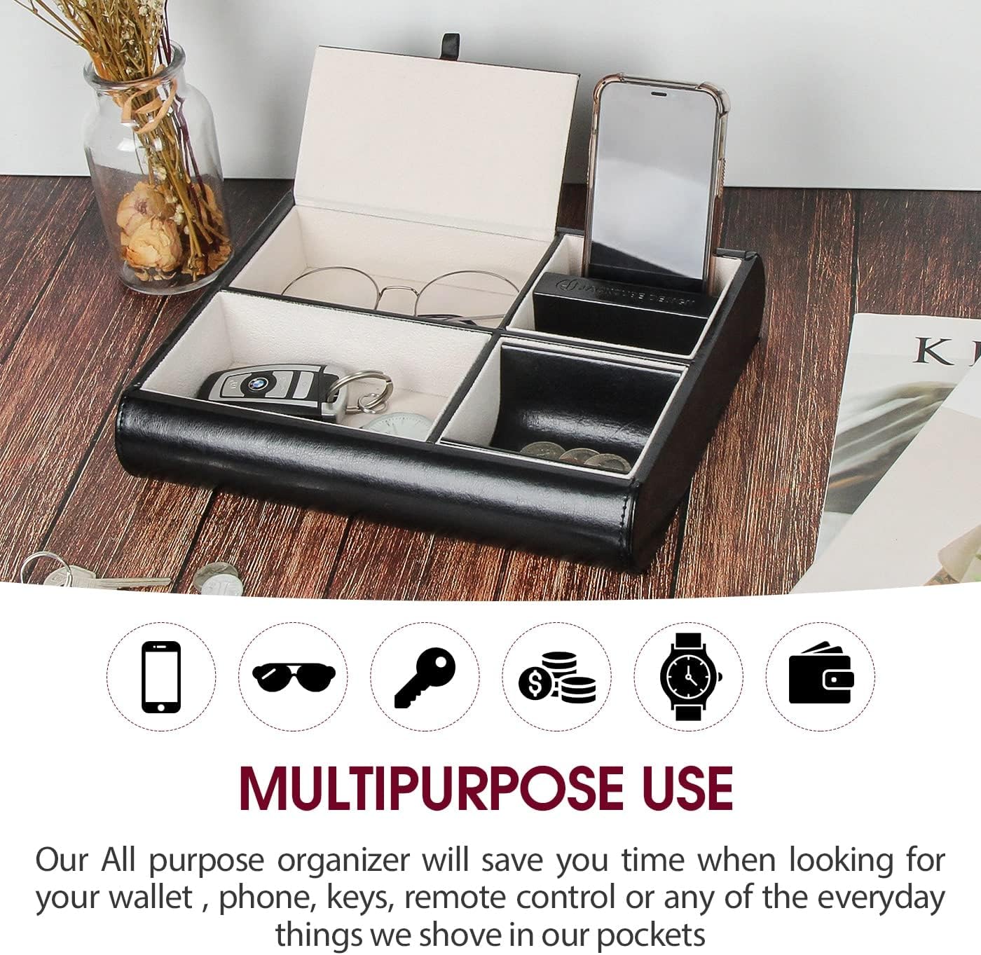 Valet Tray,Nightstand Desk or Dresser Organizer, Catch-All for Keys, Phone, Wallet, Coin, Jewelry, and More (Black / 10.34 x 2.15 x 8.19 inches) JackCubeDesign - :MK158