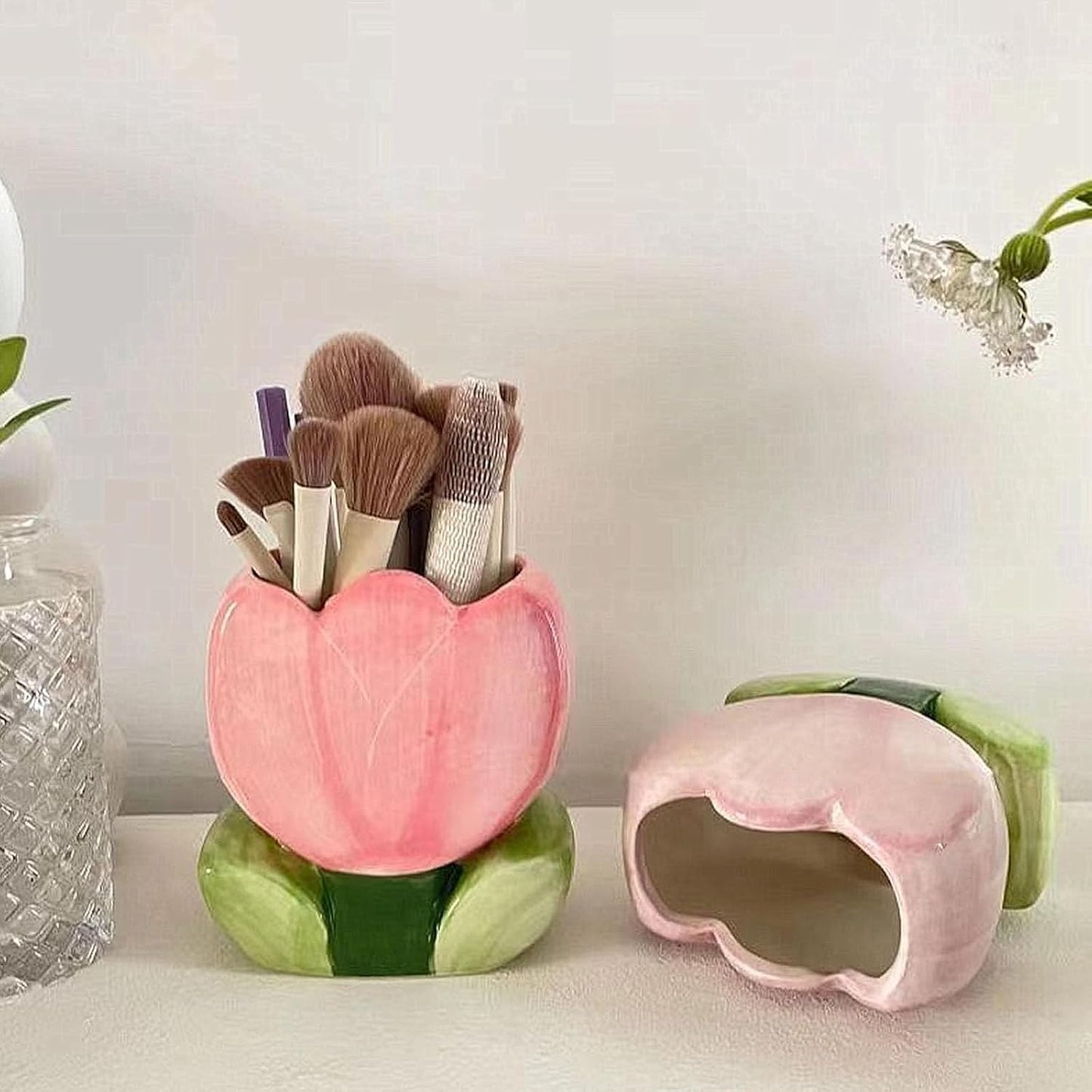 1 PC Flower Makeup Storage Box Ceramic Blossom Five Petals Pen Holder Pen Holder Desktop Storage Box (Blue)
