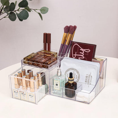 Cq acrylic 2 Pack Clear Make up Organizer Countertop,Stackable 5 Drawers Makeup Storage,Cute Vanity Organizers for dresser Hair Clip,Jewelry,Beauty Product Desk and Bathroom Organizers and Storage