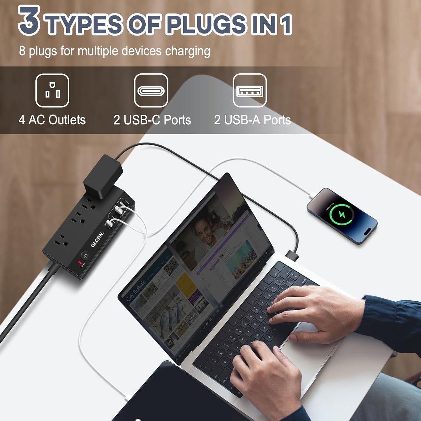 Desk Clamp Power Strip USB C - Charging Station for Multiple Devices - Multi Plug Outlet Extender - Desktop Mount Surge Protector with 4 Outlets 4 USB Ports for Phone, Tablet, Computer