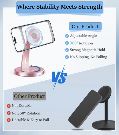 Aoviho Magnetic Phone Stand for Desk – 360° Rotating Aluminum Phone Holder, Stable Desk Stand for Office, Home & Kitchen, Compatible with iPhone 17 Pro Max 16–12 Series and MagSafe Cases, Purple