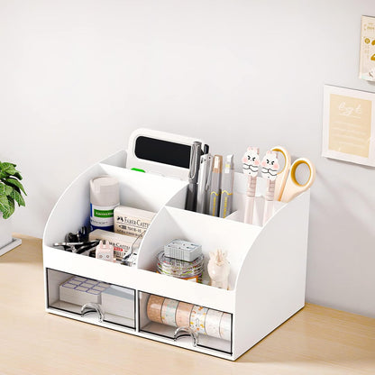 COMFYROOM Desk Organizer with 6 Compartments and 2 Drawers, Plastic Makeup Organizer, Pen Holder for Desktop Storage, Desk Organization for School, Home, Office Supplies (White)