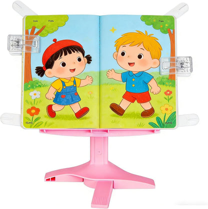 Book Stand for Desk, Kids Book Stand Adjustable Shelf Thick Base Foldable Riser Holder, Portable Desktop with Elastic Page Clips Gift for Children (Pink)