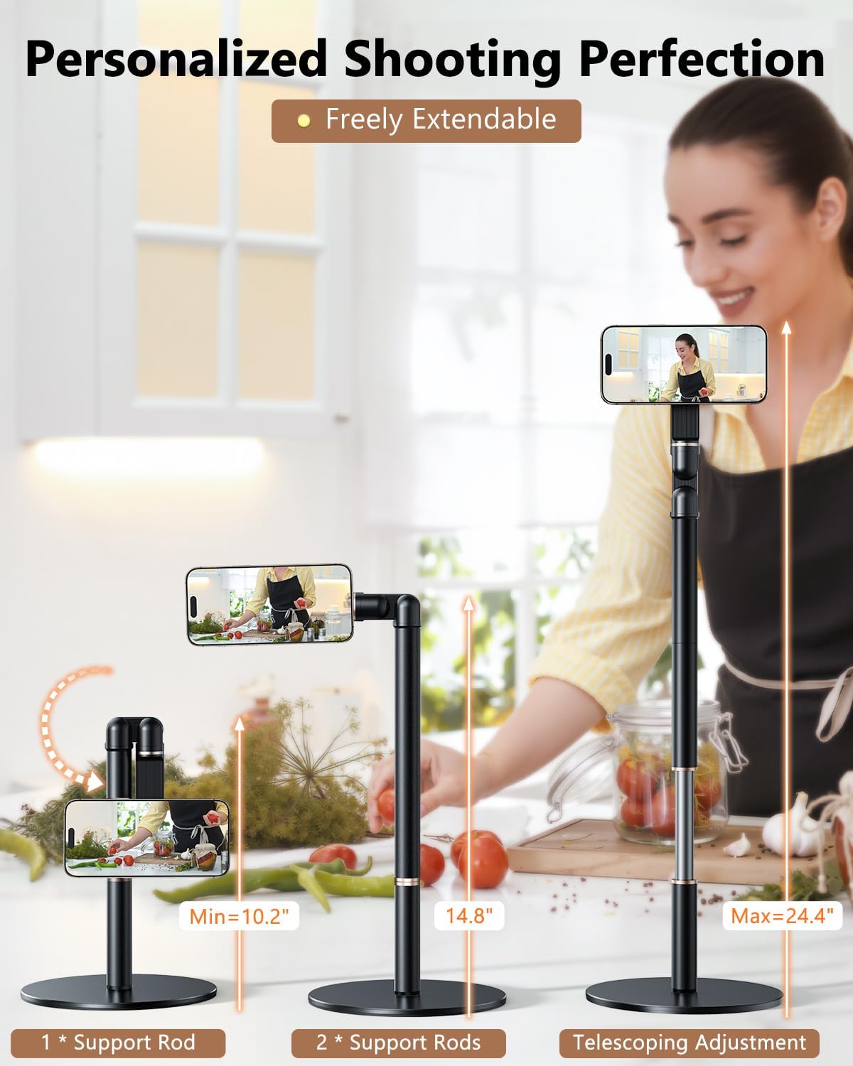 Height/Angle Adjustable Phone Holder, 10"-25" Retractable Tall Phone Stand for Desk,720°Rotatable+180flip Phone Holder Stand for Video Calls Kitchen Table Office Etc -Clip Type