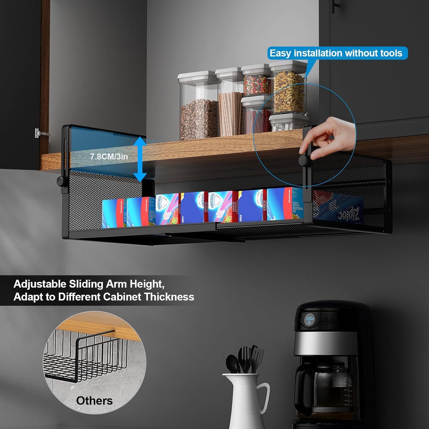 AmonHouseware 2Pack Under Shelf Basket, Adjustable Hanging Under Cabinet Shelf Storage, Hanging Holder Length Stretchable 14.9-22.6Inch for Kitchen Pantry Desk Counter Bookshelf Cupboard (Black)