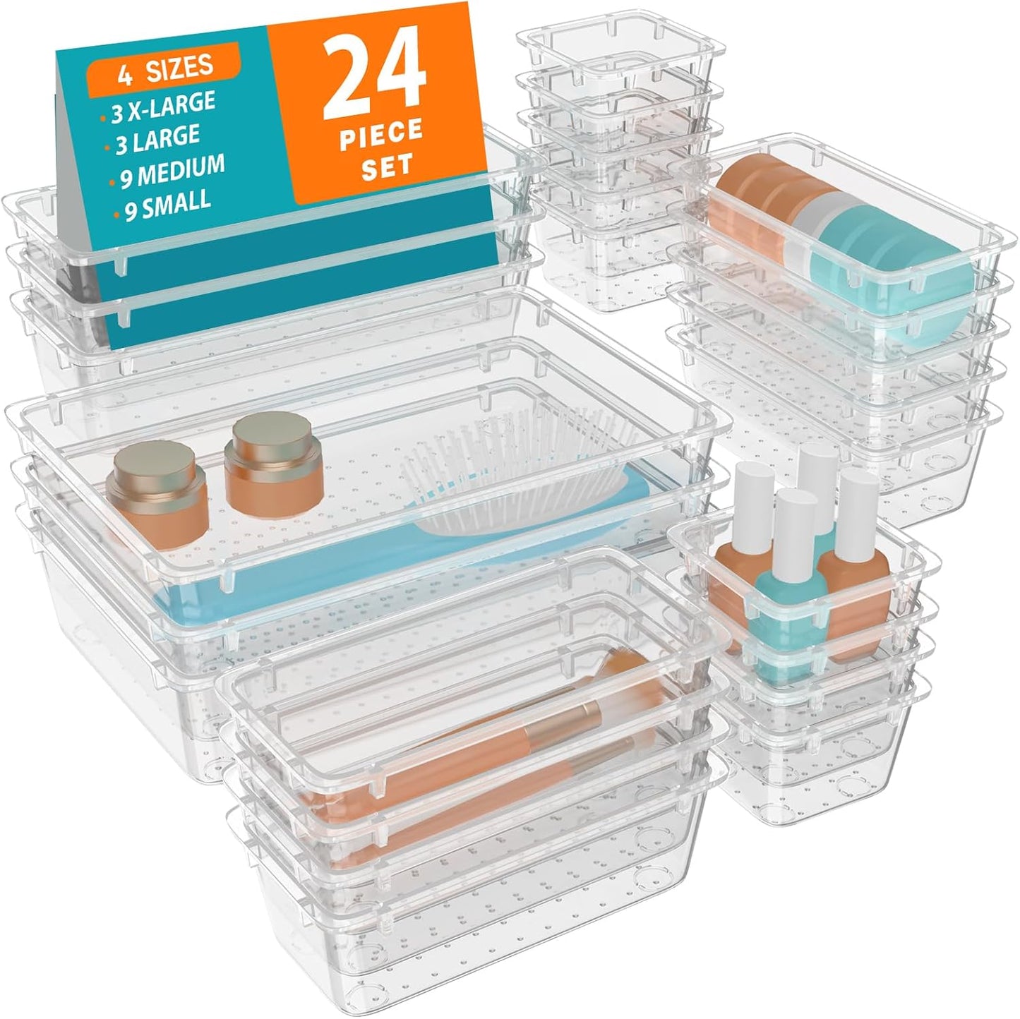 WOWBOX 32 PCS Clear Plastic Drawer Organizer Set, 4 Sizes Desk Drawer Organization and Storage Containers for Makeup, Cosmetics, Jewelry and Gadgets in Kitchen, Bathroom, Bedroom, Office, Clear Black