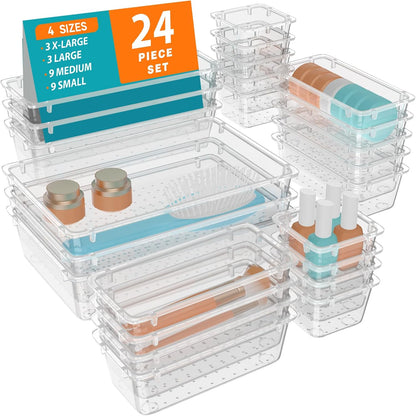 WOWBOX 32 PCS Clear Plastic Drawer Organizer Set, 4 Sizes Desk Drawer Organization and Storage Containers for Makeup, Cosmetics, Jewelry and Gadgets in Kitchen, Bathroom, Bedroom, Office, Clear Black