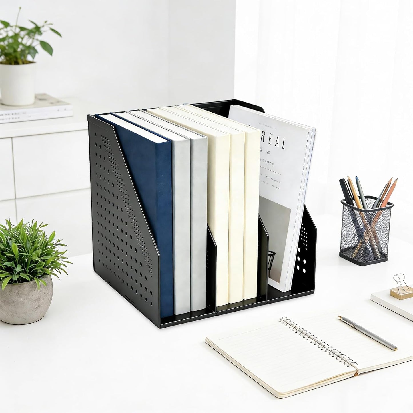 SAYEEC 2Pcs Collapsible Plastic Magazine File Holder Vertical Binder Storage Organizer for Desk Sturdy Upright Desktop Magazine Organizer Folder Rack for Office School Home (3 Compartments, Black)