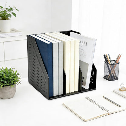 SAYEEC 2Pcs Collapsible Plastic Magazine File Holder Vertical Binder Storage Organizer for Desk Sturdy Upright Desktop Magazine Organizer Folder Rack for Office School Home (3 Compartments, Black)