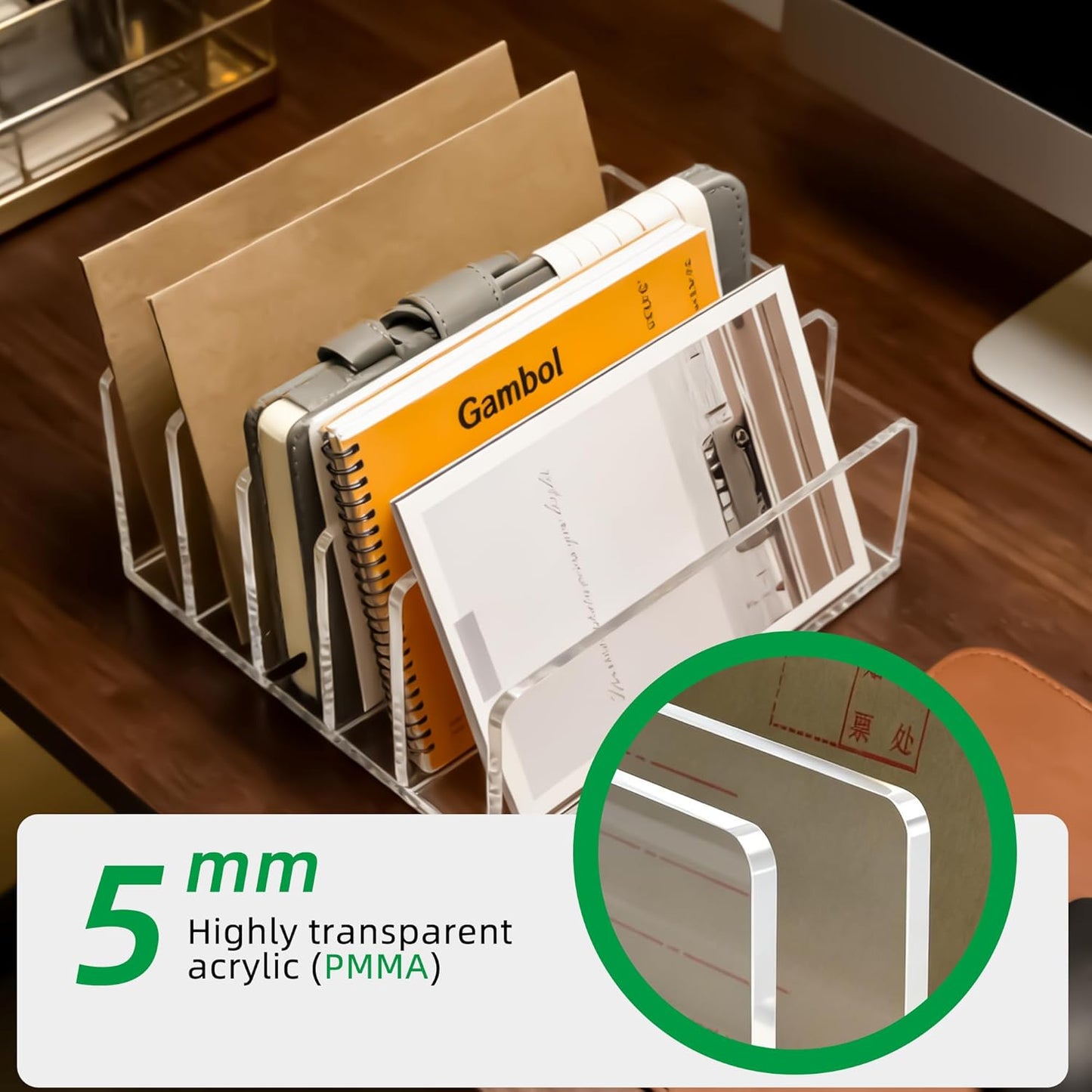 Clear Acrylic Desk Organizer – 3 Compartment Mail Holder & Letter Sorter for Office, Bills, Documents, Notebooks, Letter Tray – Modern Vertical File Rack for Home, Desk File Holder