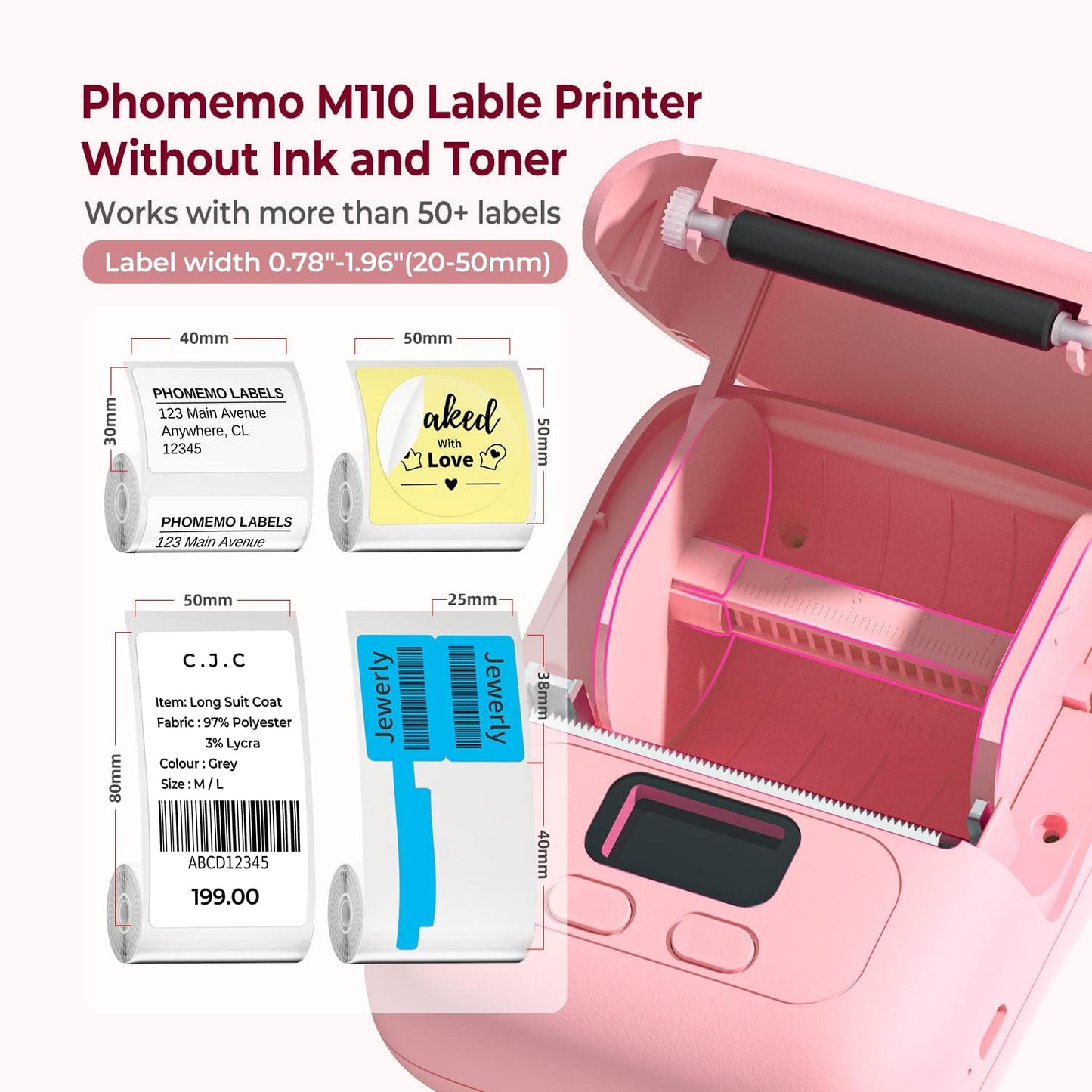 Memoqueen Thermal Label Maker - M110 Barcode Label Printer Portable Bluetooth Labeler Maker Machine for for Small Business, Address, Logo, Clothing, Mailing, with 40x30mm Label, Pink