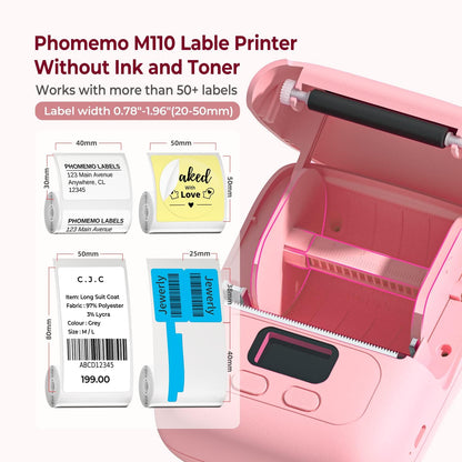 Memoqueen Thermal Label Maker - M110 Barcode Label Printer Portable Bluetooth Labeler Maker Machine for for Small Business, Address, Logo, Clothing, Mailing, with 40x30mm Label, Pink