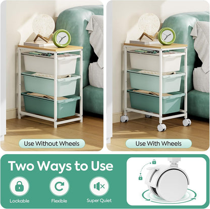 Rolling Storage Cart with 3 Drawers, Craft Organizer, Wooden Tabletop Utility Cart for Bedroom, Children's Room and Office Organization, Under Desk Trolley with Lockable Wheels,White