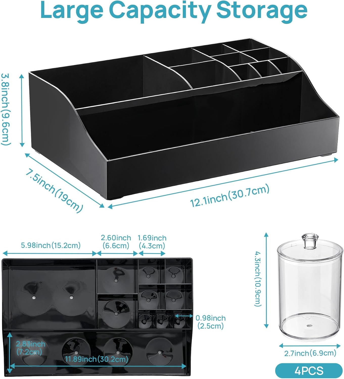Vtopmart 6 PCS Bathroom Countertop Organizer, 1 Divided Tray with 4 Qtip Holder Jars and 1 Drawers, Restroom Clear Organizers for Toothbrush, Cotton Pads, Vanity Accessories Storage Set