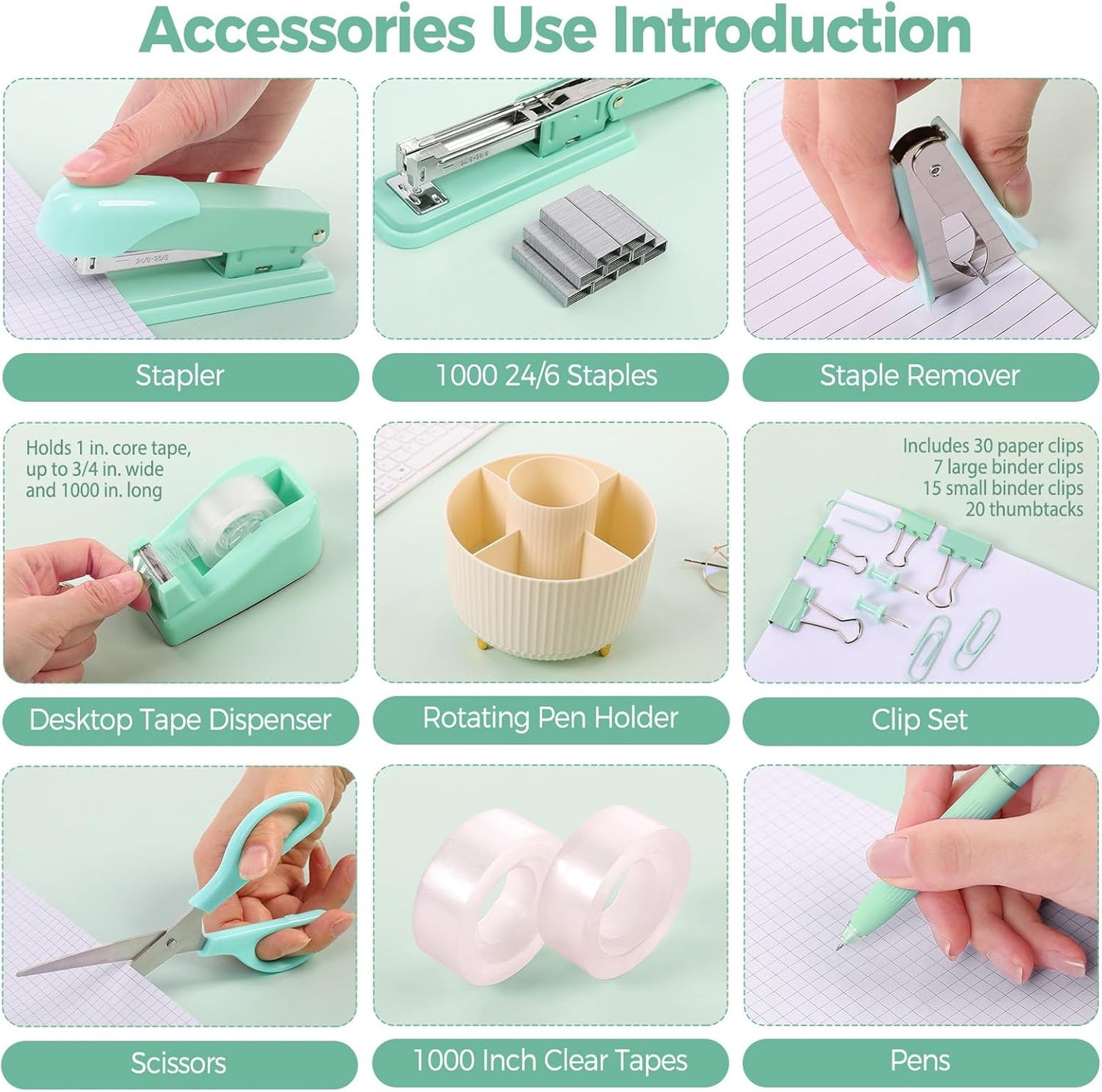 SKYDUE Pink Desk Accessories 10Pcs, Rotating Pen Holder for Desk, Stapler, Staple Remover, Tape Dispenser,2pcs Tape Refills, Binder Paper Clips Kit, Scissor,Pink Office School Supplies