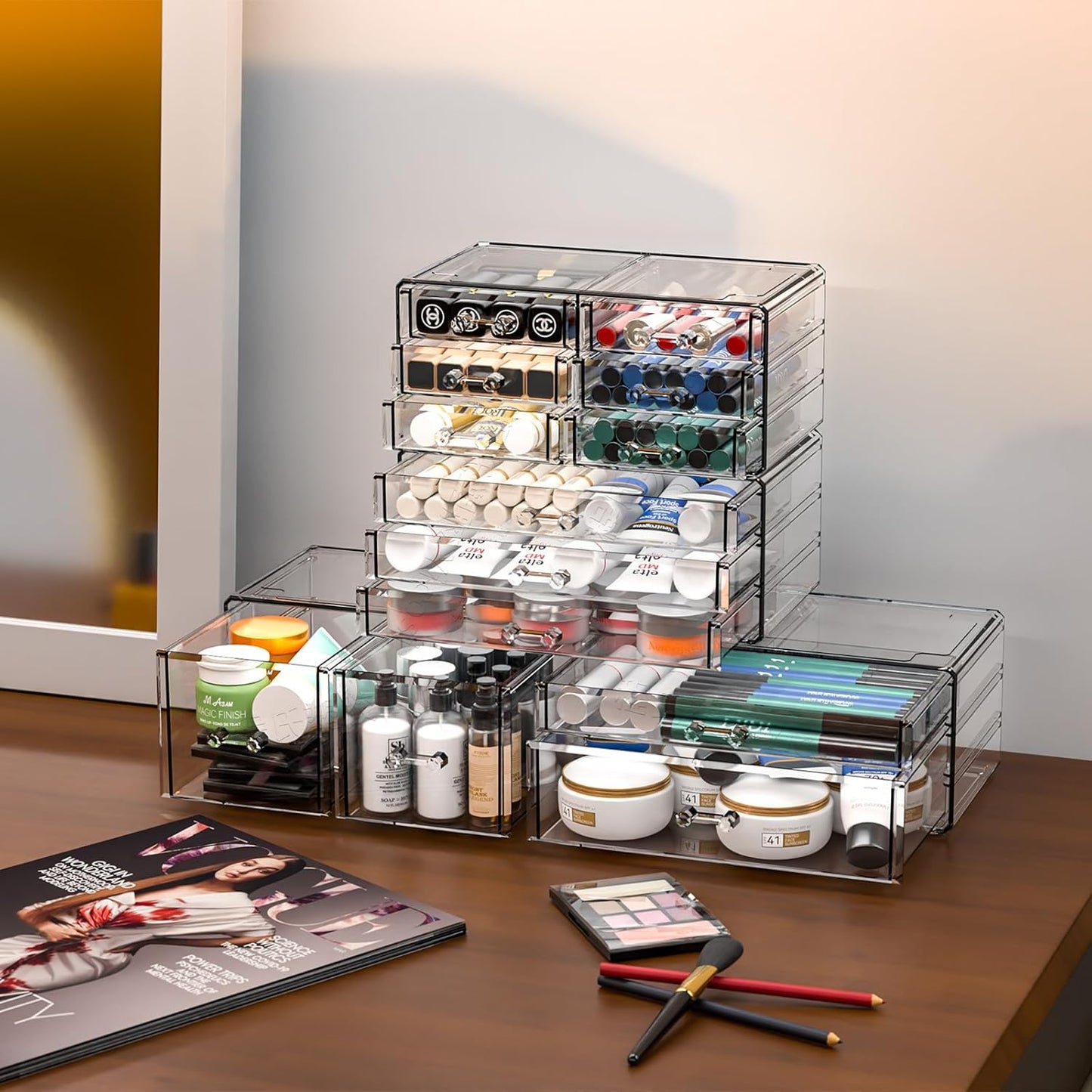 Cq acrylic 2 Pack Clear Desk Organizer With Drawers,Stackable 6 Drawers Skincare Organizer,Cute Skin Care Organizers for Vanity Hair Clip,Jewelry,Beauty Product Desk and Makeup Organizers Countertop