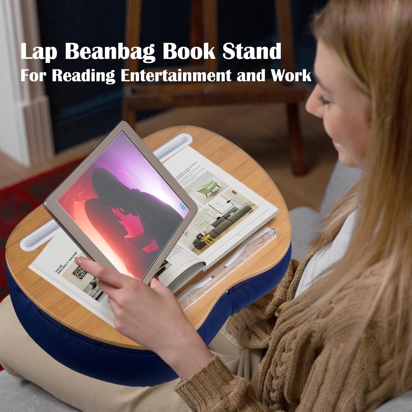 Lap Desk XL Beanbag Book Stand –Book Holder for Reading in Bed Hands Free Reading Pillow,Laptop Desk Tablet 400g Weight for Enhanced Stability – Gift for Book Lovers (Blue, Large)