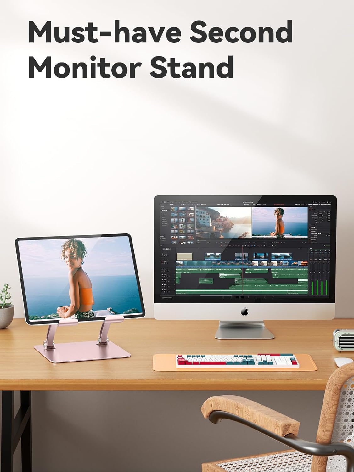 tounee Tablet Holder Stand, Dual Rod Adjustable Aluminum Desktop Stand, Compatible with 4.7-16.9" iPads, Surface Tablets, Portable Monitors, Kindle & More (Gray)