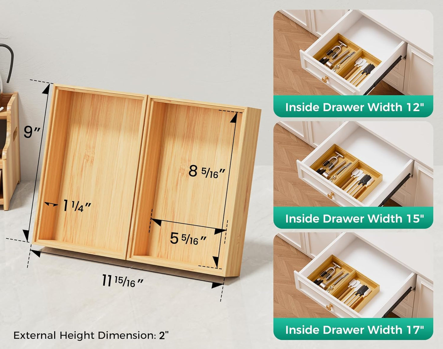 Bamboo Kitchen Drawer Organizer Set of 2, Stackable 15" x 6" Wood Silverware Utensil Tray for Drawers Bins, Cutlery & Flatware Storage – Wooden Boxes Organizers for Junk Drawer, Bathroom, RV