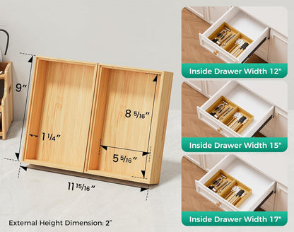 Bamboo Kitchen Drawer Organizer Set of 2, Stackable 15" x 6" Wood Silverware Utensil Tray for Drawers Bins, Cutlery & Flatware Storage – Wooden Boxes Organizers for Junk Drawer, Bathroom, RV