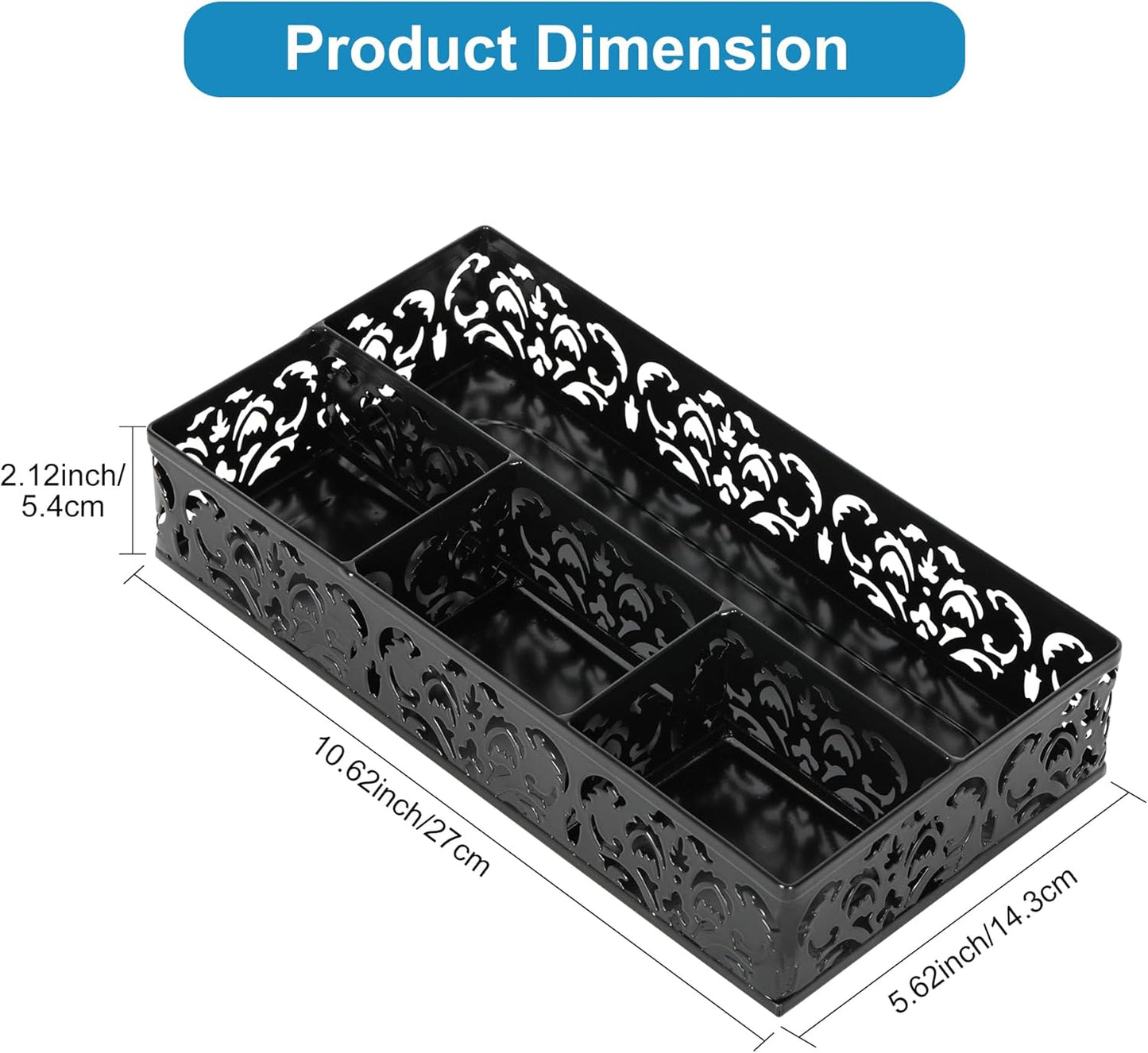 EasyPAG Desk Drawer Organizer with 4 Compartments, Carved Hollow Floral Metal Tray for Office, Jewelry, Cosmetics - No Assembly, Purple