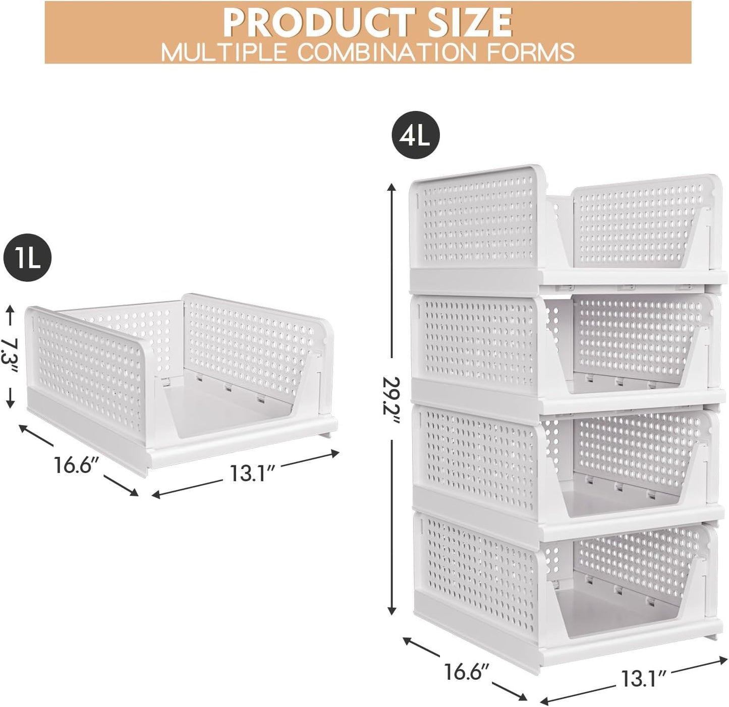 5 Pack Stackable Closet Storage Basket - Stackable Storage Bins, Multifunctional & Foldable Closet Organizer Waterproof, Wardrobe Cupboard Space-Saving Hat Storage Drawer Organizer, White