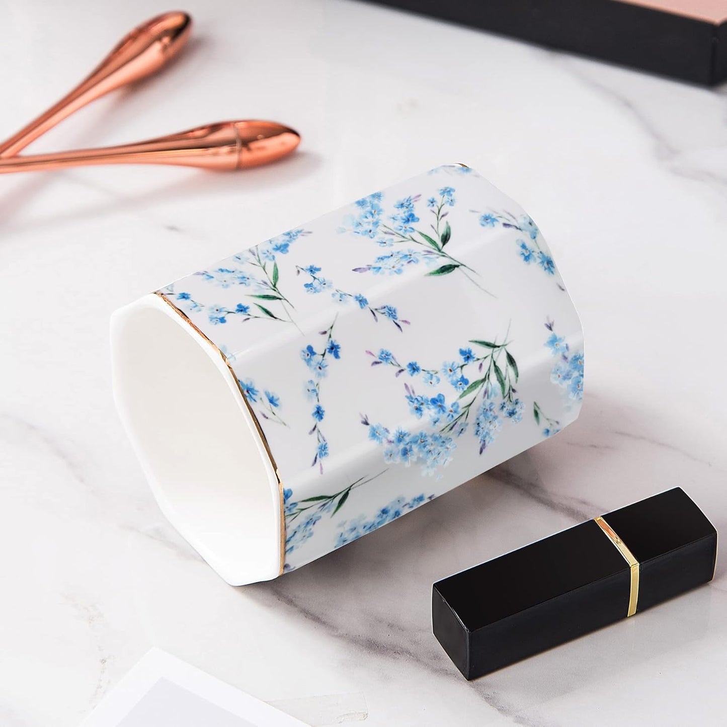 Pencil Holder for Desk Organizer,Ceramic Writing Utensil Storage Organizer Aesthetic Floral Pattern Pen Holder Pen Cup Makeup Brush Holder Creative Gift for Desktop Supplies,School Life Blue