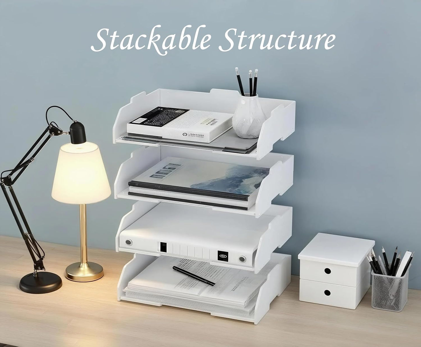 2/4/6 Tier Paper Organizer Letter Tray, Clear Acrylic Layer Stackable Paper Sorter, Plastic A4 Office File Folder Holder for for Desk Accessories, Notes, Pens, File, Document (Clear, 4 Tier)