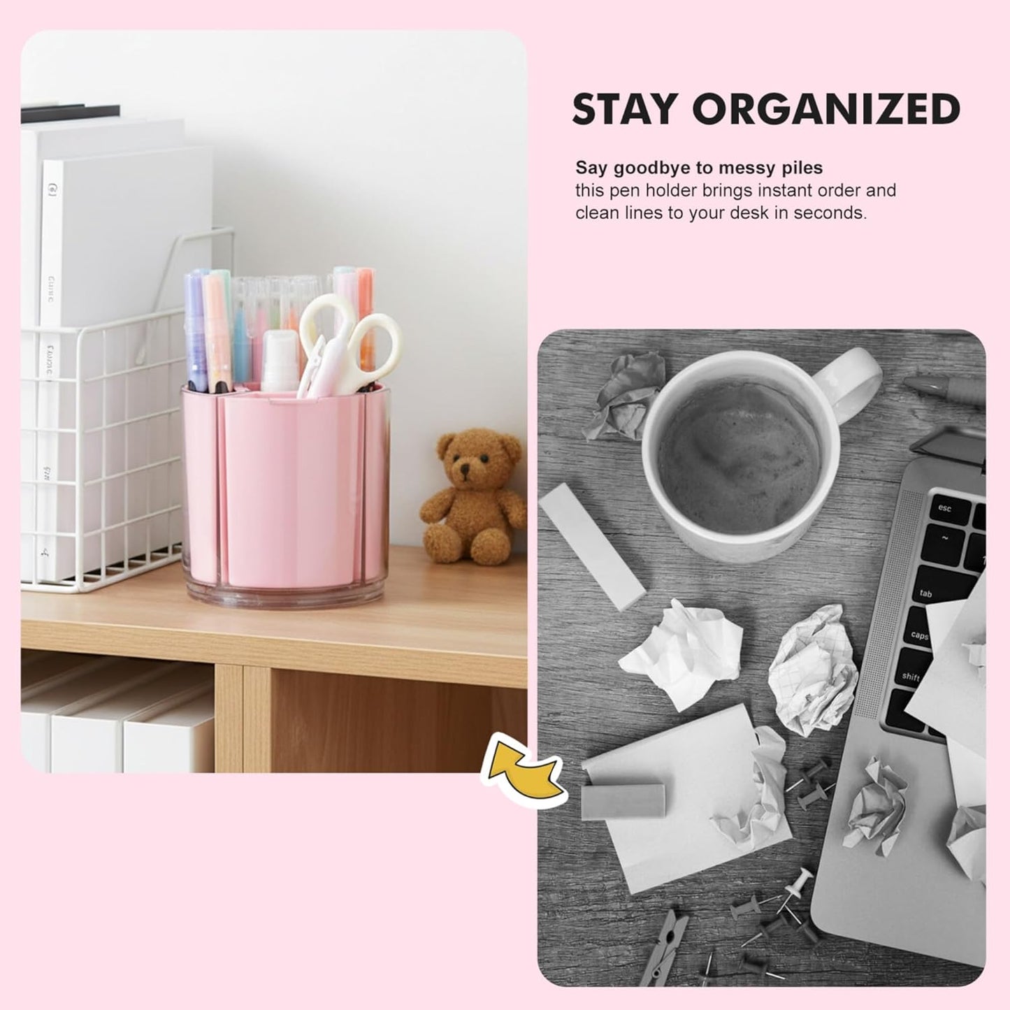 Comix 360° Rotating Pen Holder for Desk, Cute Pencil Holder Pen Organizer, Beige Acrylic Pencil Cup Caddy with 5 Slots for Home School Office Supplies