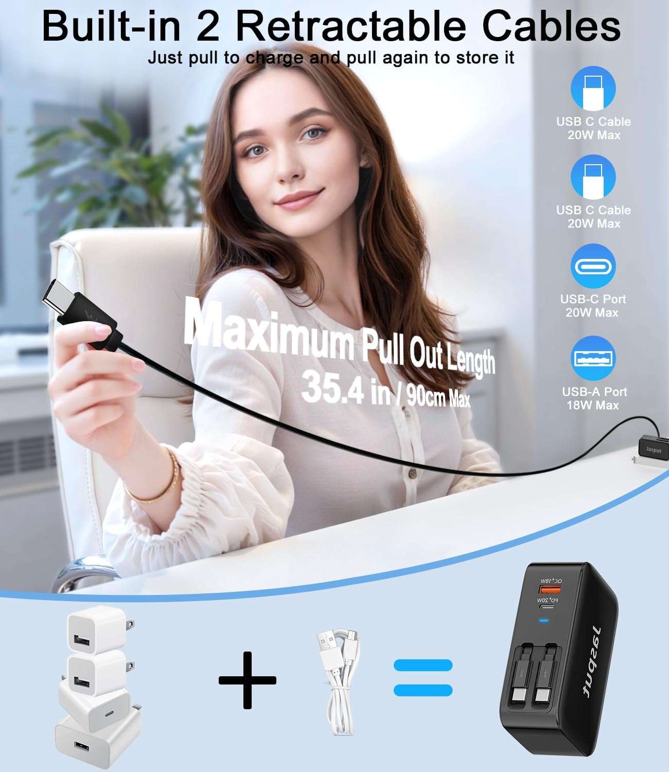 4 in 1 Retractable Wall Charger with Dual Cables,40W Retractable Phone Charger Wall Plug with Dual USB Ports,20W USB C Chargers Block Fast Charging for iPhone 17 16 15 14 13,LG, Galaxy S24 23,Pixel