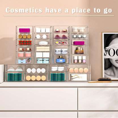 ARSTPEOE Makeup Acrylic Organizer with 17 Drawers(4 Sets), Desk Organizers and Accessories, Clear Makeup Organizer, Dustproof Storage Drawers for Office Art Craft Supplies