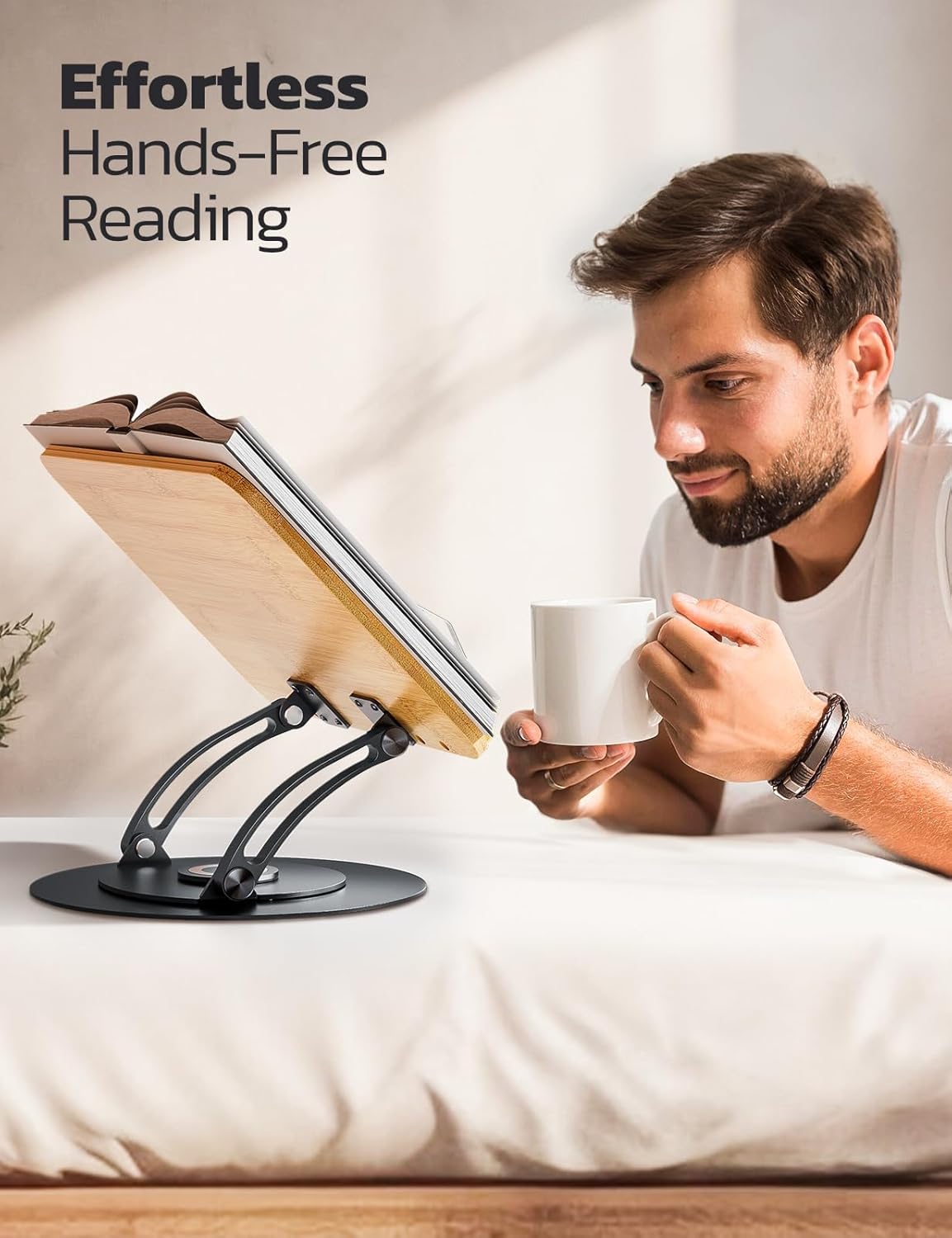 Nulaxy Bamboo 360 Rotating Book Stand for Reading, Adjustable Textbook Holder for Reading Hands-Free, Foldable Desktop Cookbook Stand with Protective Page Clips, Fits All Books - Gray