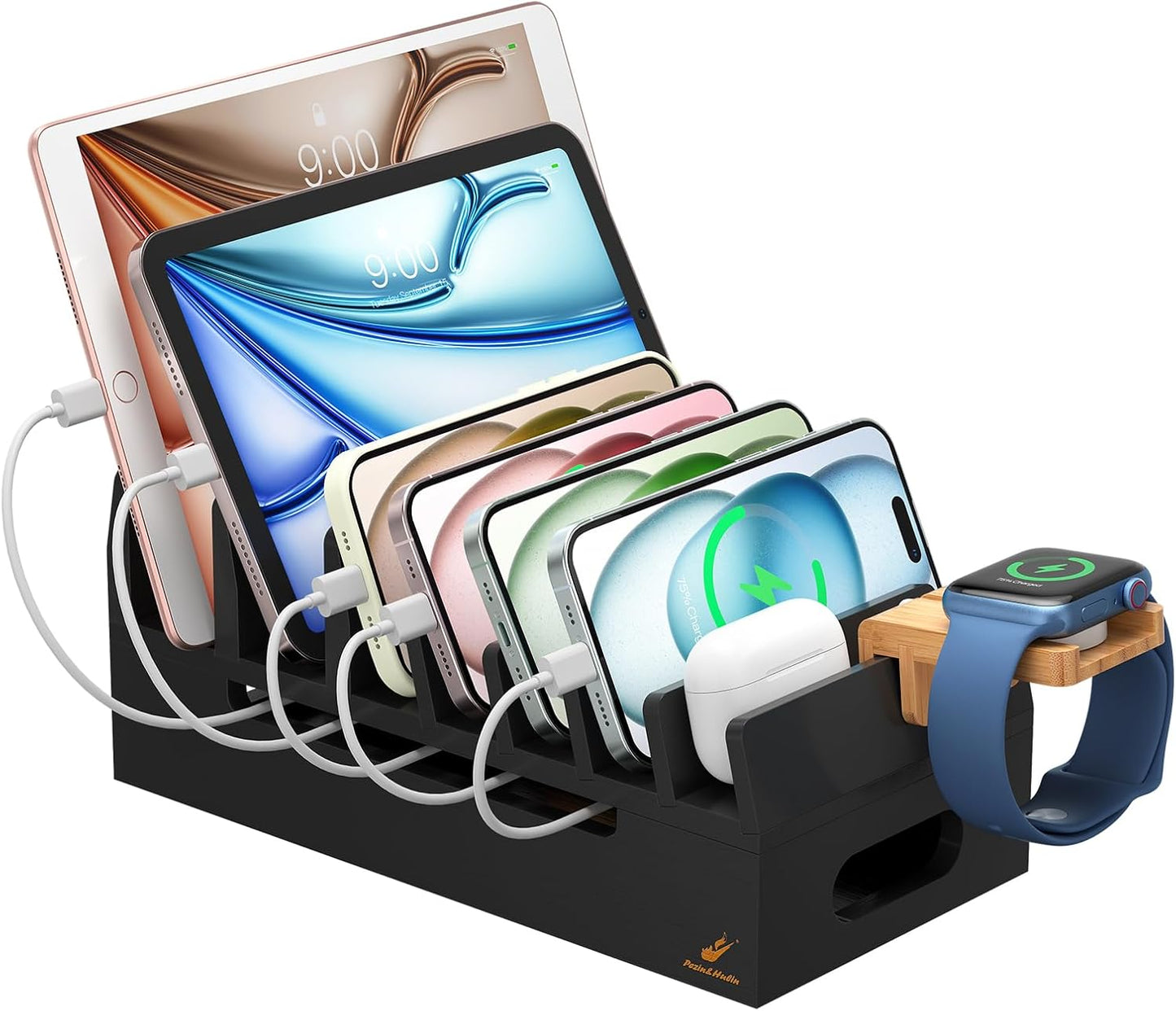 Pezin & Hulin Bamboo Charging Station for Multiple Devices with 5 Port USB Charger, 5 Cables and Watch Stand. Wood Desktop Docking Stations Organizer for Cell Phone, Tablet, Watch, Office Accessories
