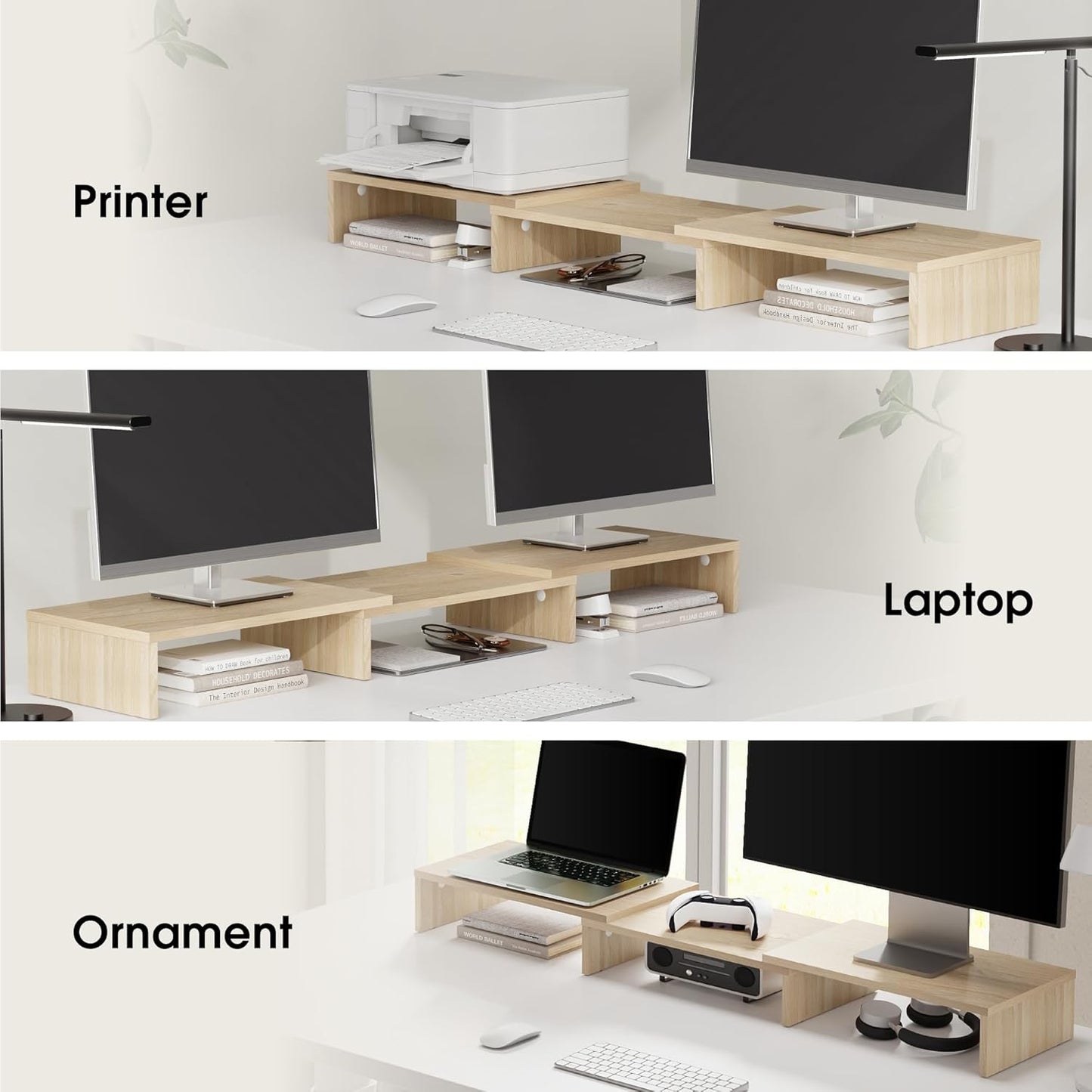 FITUEYES Dual Monitor Stand – 3 Shelf Computer Monitor Riser, Wood Desktop Stand with Adjustable Length and Angle, Desk Accessories, Office Supplies Medium Black,DT108001WB