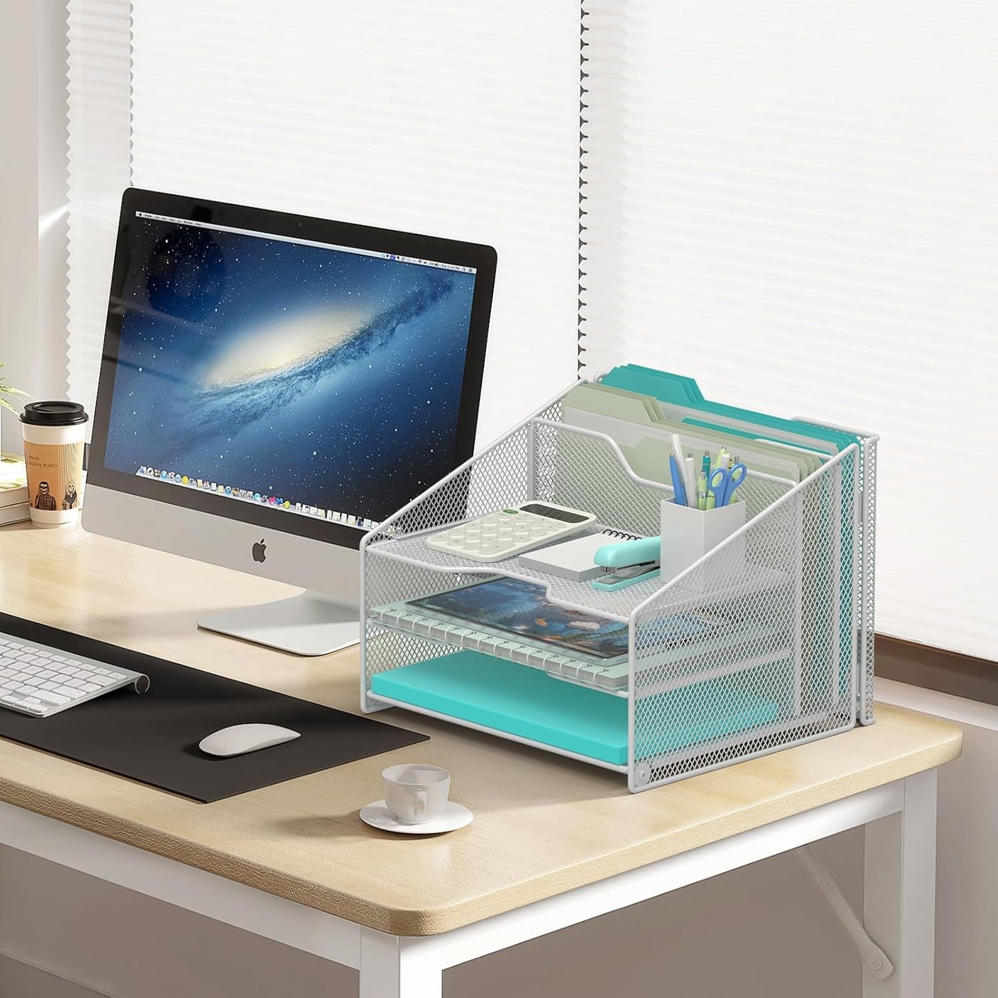 Samstar Desk File Organizer, Mesh Letter File Folder Holder with 3 Paper Trays and 2 Vertical Upright Section, for Office Supplies,Desk Accessories & Workspace,Black.