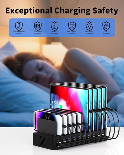 270W Charging Station for Multiple Devices, 20-Port USB Fast Charging Station with Adjustable Dividers & 10 Cables, Multi Device Organizer Charging Dock for iPhone, iPad, Tablets & More(Black)