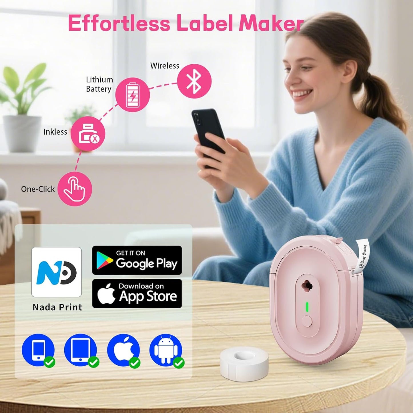 Label Maker Machine with Tape, Small Portable Bluetooth Label Printer, Handheld Mini Labeler for Home, Kitchen, Office, Waterproof Label Makers for Labeling, Gift, Kids School Items, Pink