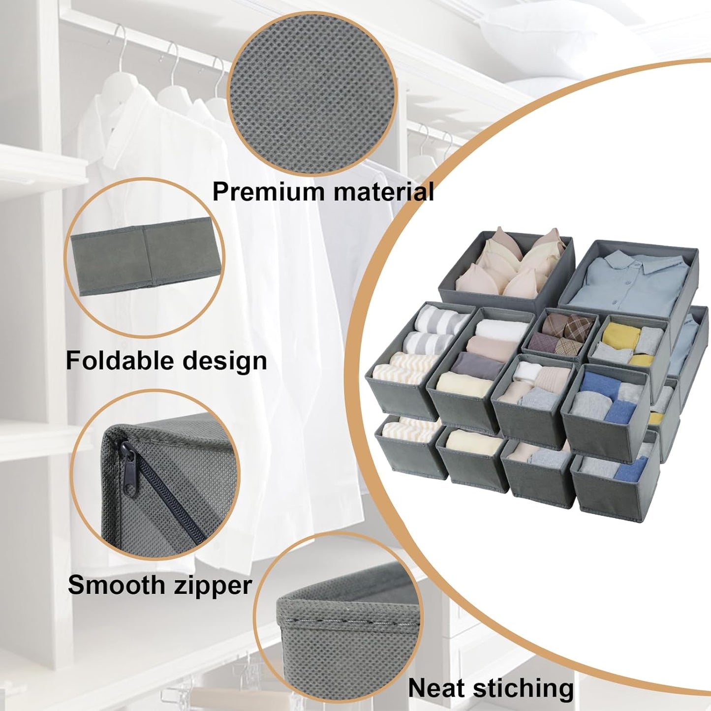 Fordonral 12 Pack Drawer Organizer Clothes, Foldable Fabric Dresser Organizer Closet Organizers and Storage Box for Underwear,Folded Clothes,Baby Clothing,Socks,Bra,Towels,Ties(12 Pack,Gray)