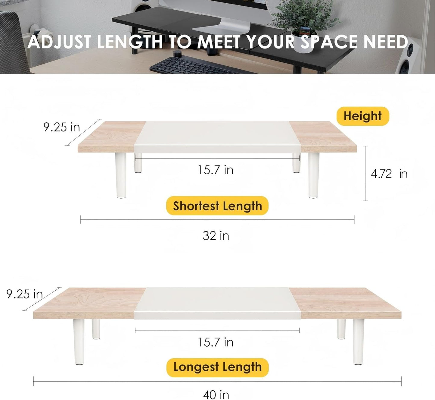 Across-Star Dual-Monitor-Stand-Riser-For-Desk Adjustable Length 32-40 Inch，Large Desktop Computer Monitor Riser For 2 Screens，Desk Shelf Organizer Riser Stand For Computer/Laptop/PC/Printer/TV Black